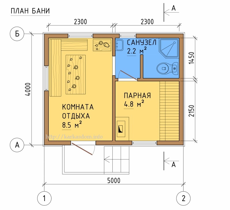 План каркасной бани 4х5м 20м/кв